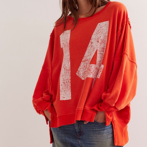 NWOT Free People We the Free 14 Graphic Camden Distressed Sweatshirt Red Combo